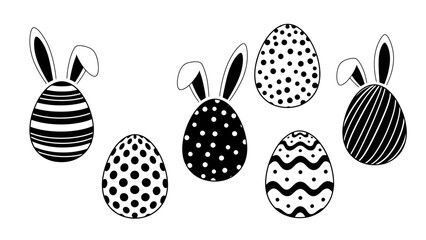 Black and White Easter Eggs with Bunny Ears Vector Illustration, Festive Patterns
