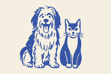 Dog and cat naive sketch vector illustration