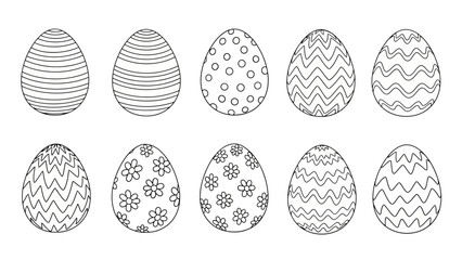 Set of Ten Hand-Drawn Easter Eggs with Different Patterns for Spring Holiday