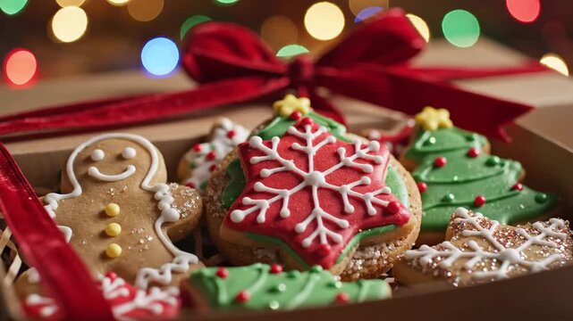 Christmas cookie gift box with decorated gingerbread and ornaments  