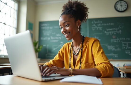 Young African American teacher works on laptop in classroom. Smiling woman prepares lesson online using computer and internet. Female instructor teaches virtually from school.