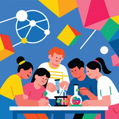 Illustration Of A Group Of Students Working On A Science Project Together Vector Design Template