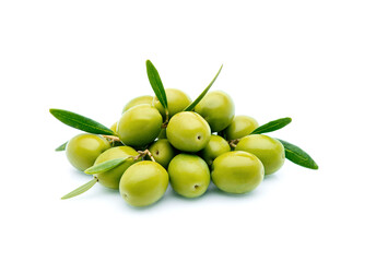 green olives with green leaves isolated on white background.