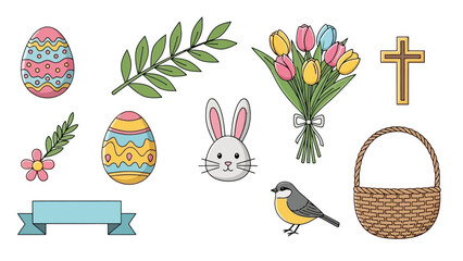 Easter and Spring Holiday Icons Collection with Eggs, Bunny, Flowers, and Cross