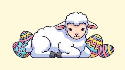 Cute Easter Lamb Lying Down with Colorful Decorated Eggs, Vector Illustration