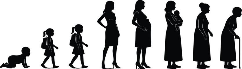 Silhouette sequence of woman’s life stages from baby to elderly, ideal for aging, growth, motherhood, and human development themes