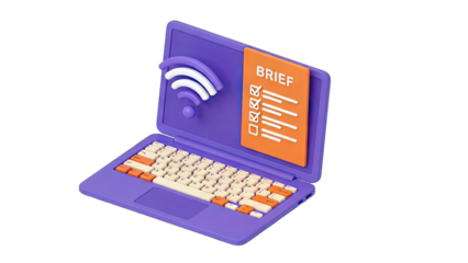3D Laptop with Brief and Wifi Symbol - Online Task Management
