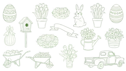Hand-Drawn Easter and Spring Elements Doodle Set - Vector Illustration