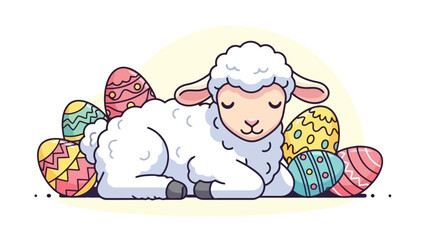 Cute Cartoon Lamb Lying Down with Colorful Decorated Easter Eggs Around