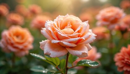 Close-up of peach roses and gerbera daisies in a garden with dew drops. Soft bokeh background with sunlight. Rich green leaves and floral petals.