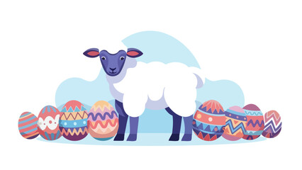 Cute Easter lamb with colorful decorated eggs in a, festive greeting card background
