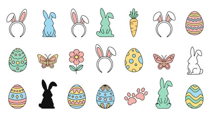 Easter Icon Set: Cute Bunny Ears, Eggs, Flowers, Butterflies, and Carrots
