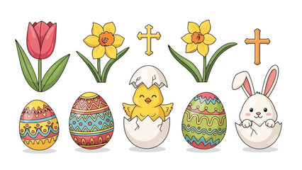 Cute Easter Symbols: Chicks, Bunnies, Eggs, Flowers, and Crosses for Festive Design
