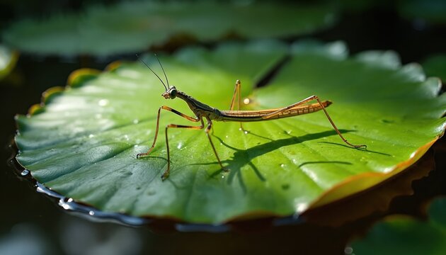 Water stick insect rests on wet green leaf in garden pond. Aquatic bug waits patiently for prey near water surface. Insect shows camouflage in natural habitat.