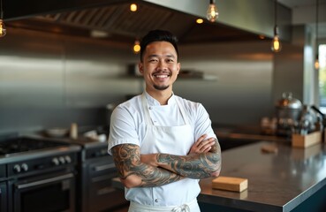 Young Asian chef with tattoos smiles in professional kitchen. He wears white uniform and apron arms crossed confidently. Modern restaurant culinary workspace.