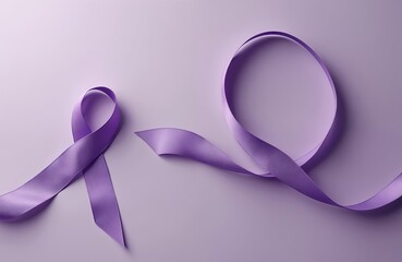 Two purple ribbons arranged on soft violet background symbolize Epilepsy Day awareness. One ribbon forms loop extends outward. Visual represents support, hope, fight against neurological disorders,