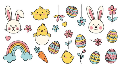 Cute Easter Doodles: Bunnies, Chicks, Eggs, Rainbow, Flowers & Carrot Vector Set