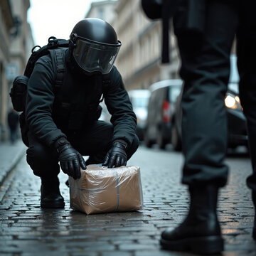 Bomb squad officer in protective gear inspects suspicious package on wet city street. Team member stands guard nearby. Emergency response to potential threat.