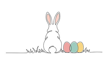 Continuous Drawing of a White Easter Bunny with Pastel Colored Eggs in Green Grass