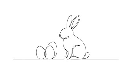 Continuous drawing of a cute Easter bunny sitting next to decorated eggs on a white background