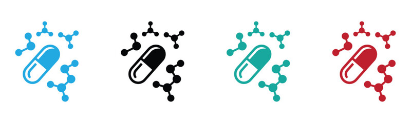 Pill capsule with molecular structure icons set. Logo open medical capsule. Multi Vitamin complex icons about  natural vitamins and supplements. Healthy eating concept.