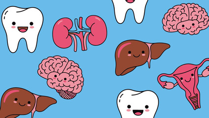 Cute cartoon human organs and teeth pattern. Happy anatomical illustrations on blue background.