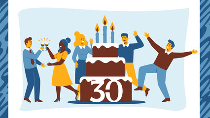 Joyful diverse group celebrating a milestone 30th birthday party with cake and toast illustration