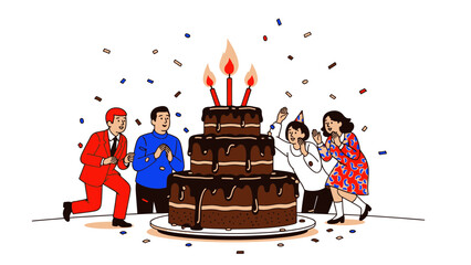 Joyful Celebration: Friends Gather Around a Grand Tiered Cake with Lit Candles and Falling Confetti