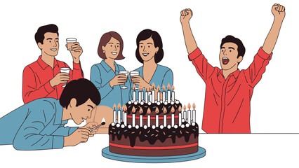 Vibrant illustration of friends having a happy birthday party, lighting candles on a chocolate cake