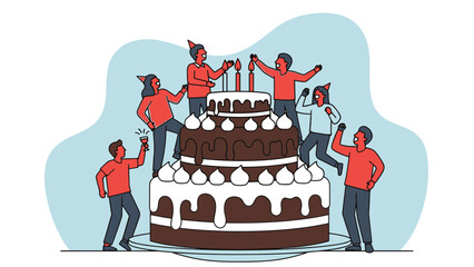 Lively celebration scene with people enjoying a festive birthday party around a huge chocolate cake, flat vector illustration.