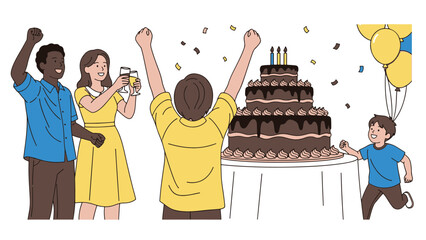 Diverse Group Celebrating a Birthday Party with Cake, Balloons, and Confetti in a Festive Setting