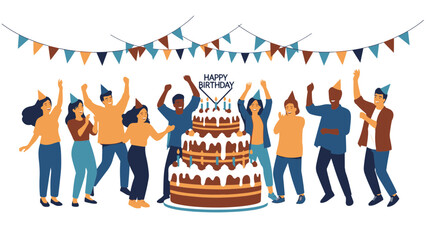 Joyful Birthday Celebration Illustration: Diverse Group of Friends Cheering Around a Large Festive Cake and Party Decorations