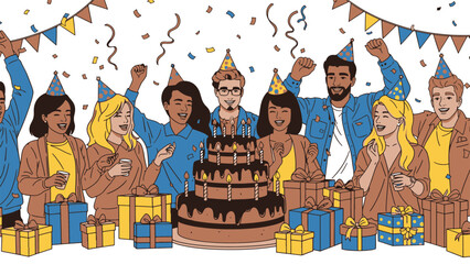 Joyful Birthday Celebration with a Diverse Group of Friends, Cake, Gifts, and Party Hats