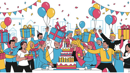 Joyful birthday celebration with a diverse group of happy people exchanging gifts and enjoying cake at a vibrant party