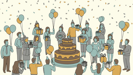 Diverse group of people celebrating a festive birthday party indoors with a large tiered cake, gifts, and balloons under falling confetti