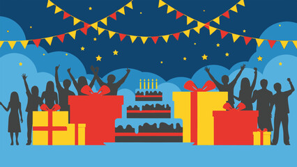 Festive Group Celebration at Night with Gifts, Cake, and Bunting - Dynamic Illustration