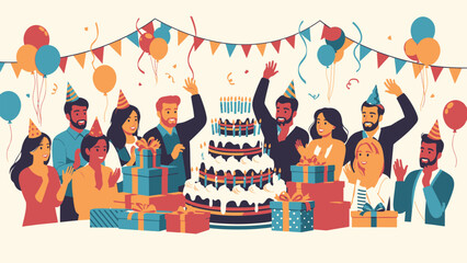 Vibrant Illustration of a Diverse Group of Happy Friends Celebrating a Joyful Birthday Party with a Large Cake, Gifts, Balloons, and Banners