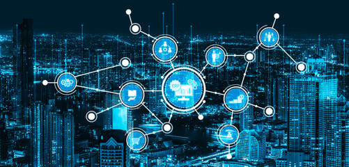 A captivating digital network concept showcases technology icons over a glowing city skyline, symbolizing modern connectivity and smart city innovations. Tessel