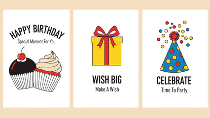Vibrant Birthday Celebration Graphics Collection: Cupcakes, Gift Box, and Party Hat Illustrations on Dark Background
