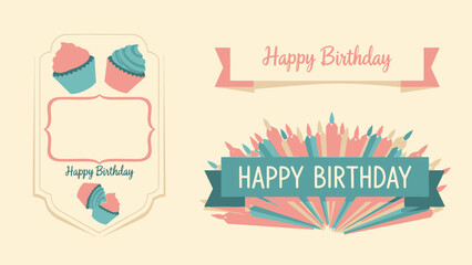 Festive Birthday Celebration Elements with Cupcakes, Banners, and Candles in a Graphic Illustration Set