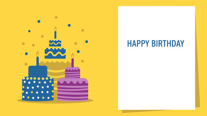 Vibrant Birthday Celebration Cakes with Lit Candles and a Greeting Card Illustration