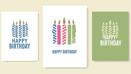 Set of Graphic Birthday Greeting Card Illustrations with Lit Candles and Festive Text Designs