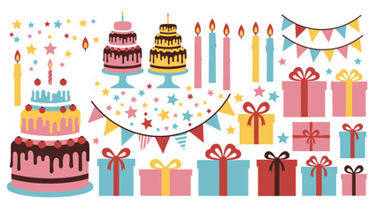 Joyful Birthday Celebration Graphic Illustration Set with Cakes, Candles, Gifts, and Bunting Elements