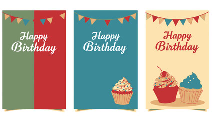 Graphic set of birthday card designs with 'Happy Birthday' greetings, festive pennants, and charming cupcake illustrations.