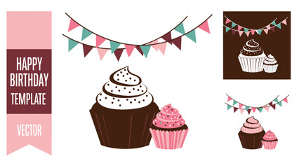 Festive vector illustration with delicious cupcakes and colorful party flags, perfect for a happy birthday celebration template