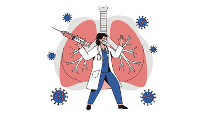 Medical professional with syringe protecting human lungs from virus, essential healthcare illustration