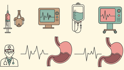 Medical Monitoring and Anatomy Vector Set &ndash; Heart Rate, IV Drip, Doctor, and Stomach Illustration