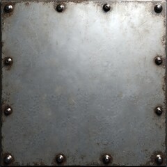 Square metal plate with rivets around edges. Surface shows wear, scratches, and rust spots. Grey steel texture provides industrial background element. Old iron construction part, rough blank.