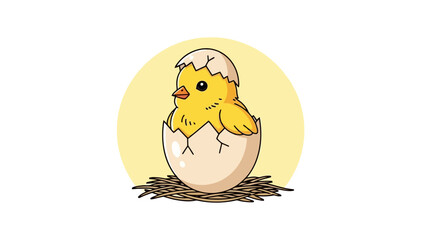 Adorable Baby Chick Hatching from Cracked Egg in Nest with Yellow Circle Background