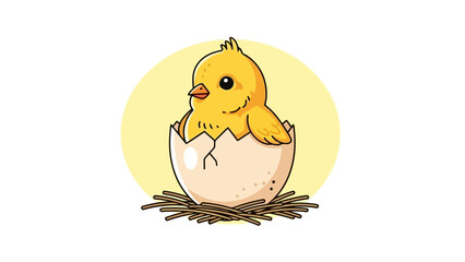 Adorable Yellow Chick Hatching from Egg in a Nest, Cute Baby Bird Vector Art